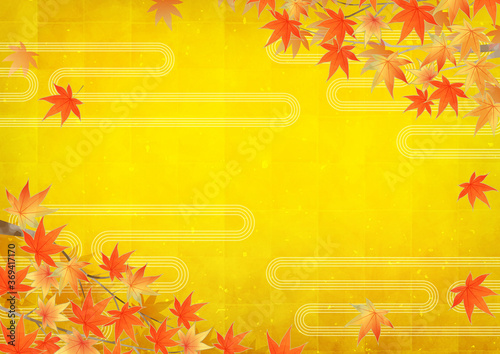 紅葉/もみじ和風フレーム/金屏風・金箔背景ベクターイラスト/横位置