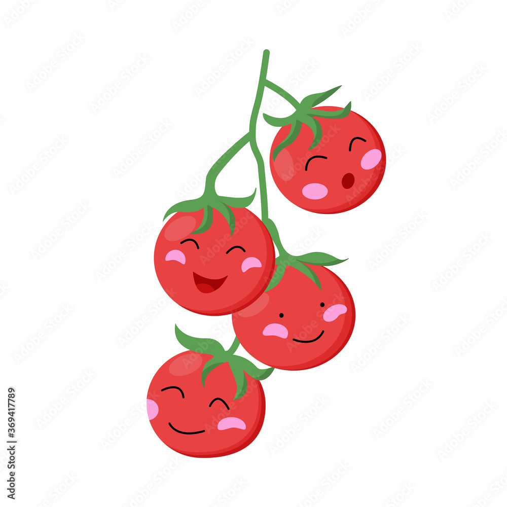 Cute little cherry tomatoes on a branch. Red kawaii vegetables. Vector  image on a white background. vector de Stock | Adobe Stock