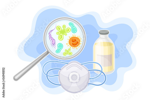 Medical Face Mask and Magnifying Glass Showing Microbes Vector Composition