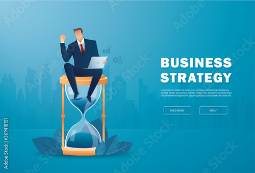 man sitting on an hourglass and working on a laptop. Productive work. Time management vector illustration