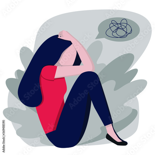 An oppressed person. Concept art depression. Sad girl. Depressed mood. Flat illustration. Vector image.