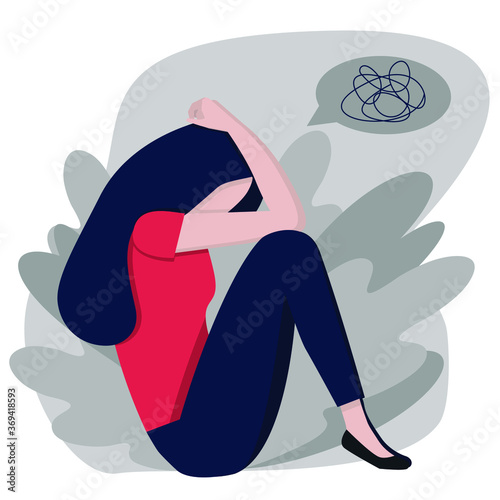An oppressed person. Concept art depression. Sad girl. Depressed mood. Flat illustration. Vector image.