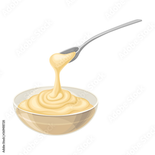 Condensed Milk Poured in Glass Bowl as Dairy Product Vector Illustration