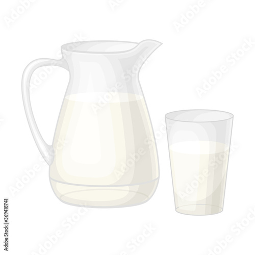 Jug of Milk or Kefir with Full Glass as Dairy Product Vector Illustration