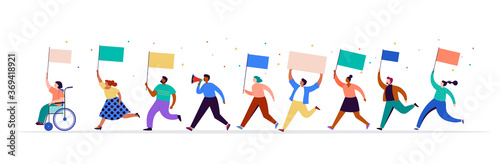Crowd of protesters holding banners and placards. Political meeting, march, demonstration, parade. Group of men and women activists. Vector illustration