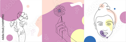 Vector set of design templates and illustrations in minimal linear style - minimalistic modern art - female portrait and flowers - abstract t-shirt print - beauty and fash