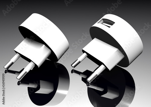 Couple white plug with usb connector for charging  cell phones lie on titanium background with reflection on it.