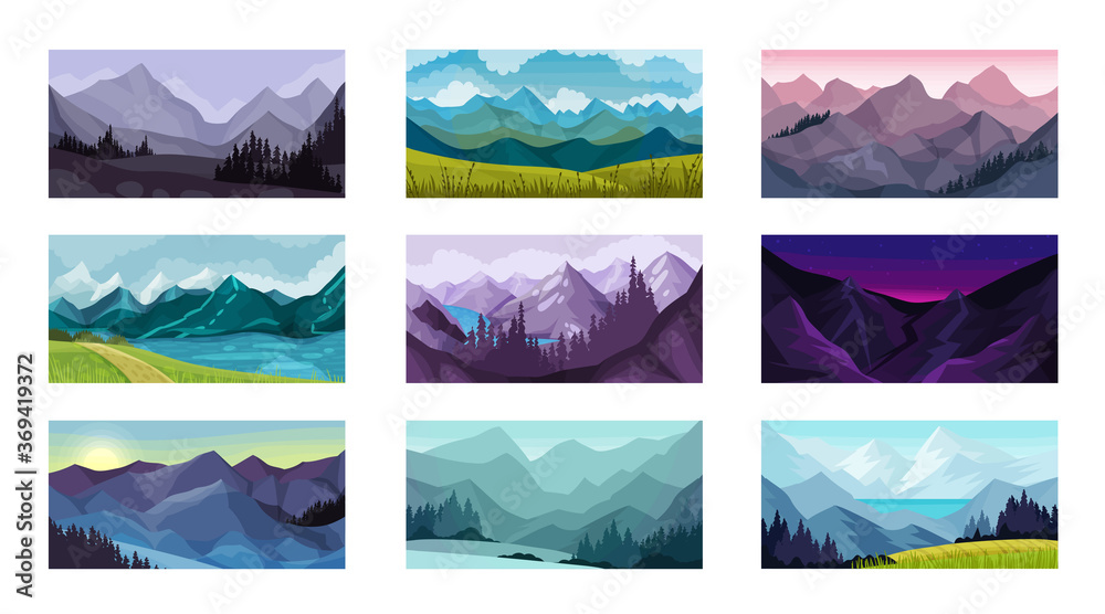 Mountain Landscape with Peaks and Rocky Hills Vector Illustration Set