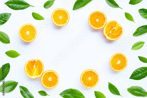 High vitamin C, Juicy and sweet. Frame made of fresh orange fruit on white background.