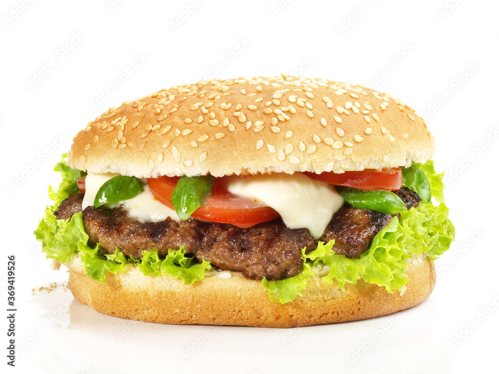 Hamburger mit Tomaten und Mozzarella isoliert Hamburger mit Tomaten und Mozzarella isoliert