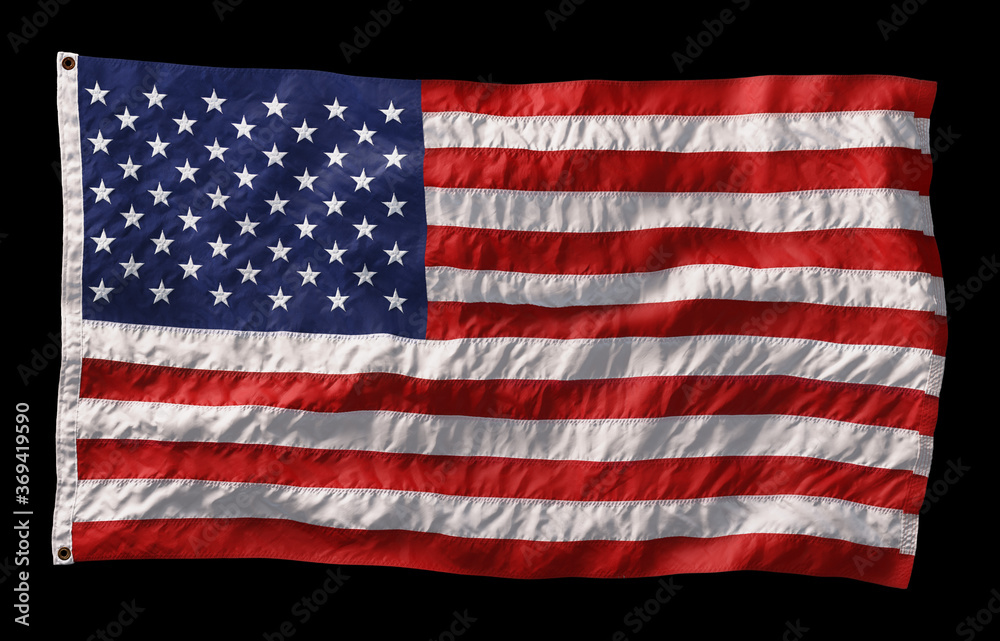 Obraz premium American flag waving in the wind isolated on black background. 3D
