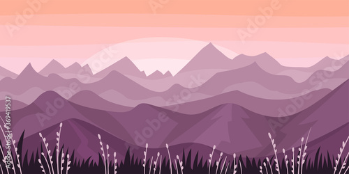 Distant Mountain Peaks and Meadow Flora Horizontal Landscape Vector Illustration