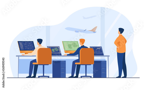 Flight control center isolated flat vector illustration. Cartoon airport command room or tower for fly track controlling. International transportation and weekend concept
