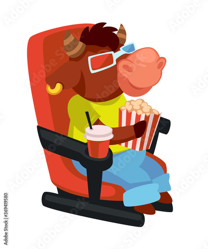 Bull eating popcorn watching movies in cinema vector