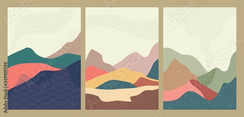 Abstract mountain landscape on set. Geometric landscape background in asian japanese style. vector illustration © gina