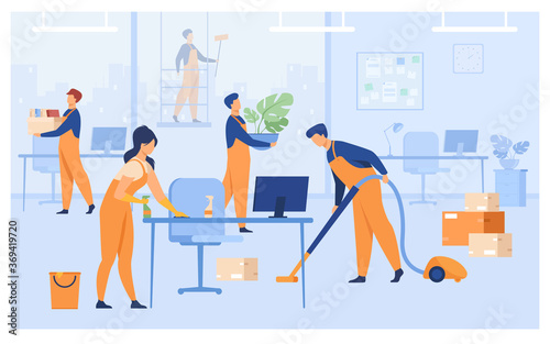 Professional janitors working in office isolated flat vector illustration. Cartoon cleaning team washing, holding stuff, removing dust, using vacuum cleaner. Clean service and hygiene concept