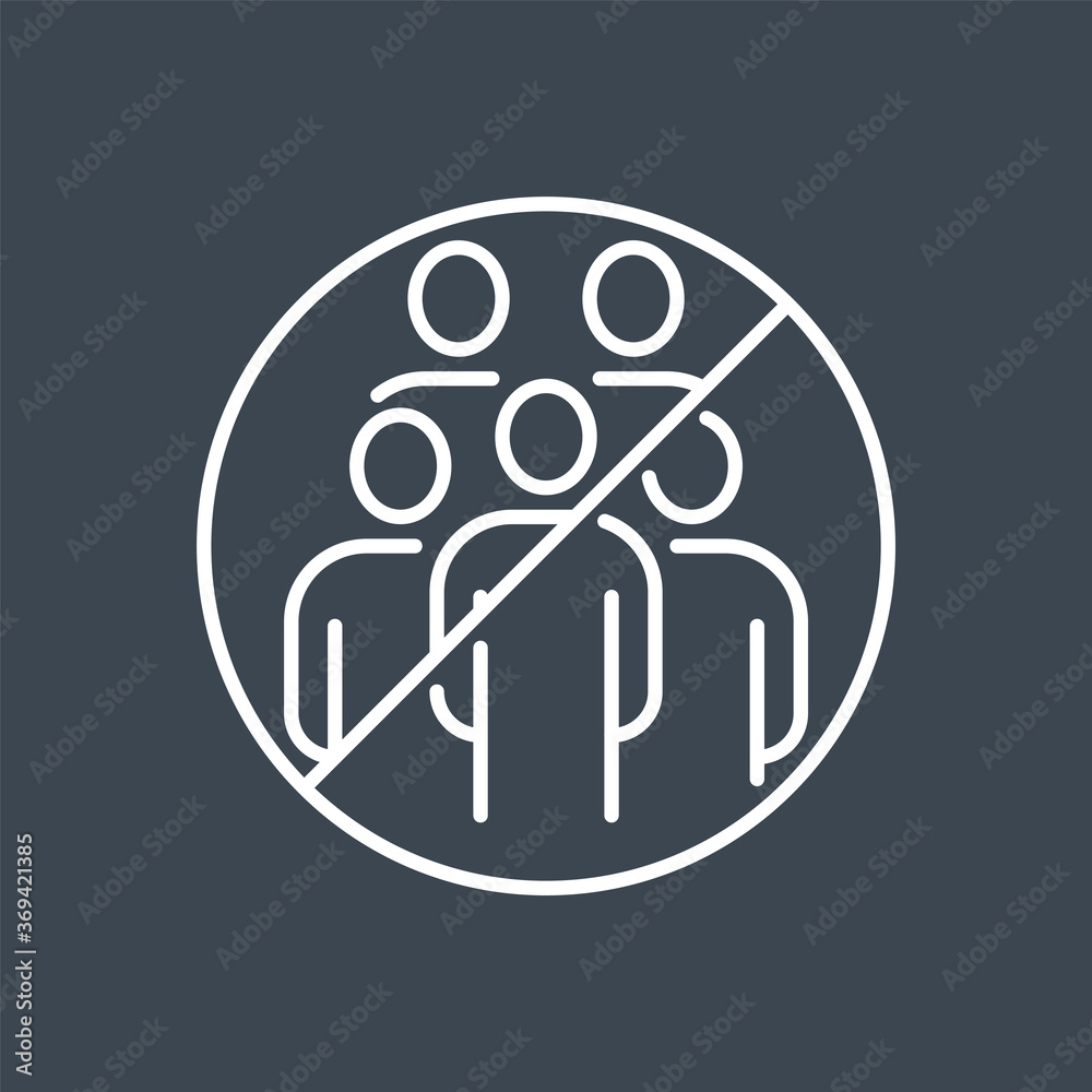 Avoid crowded places related vector thin line icon. Group of people in prohibition sign. Isolated on black background. Editable stroke. Vector illustration. Avoid crowded places related vector thin line icon. Group of people in prohibition sign. Isolated on black background. Editable stroke. Vector illustration.