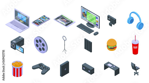 Stream icons set. Isometric set of stream vector icons for web design isolated on white background