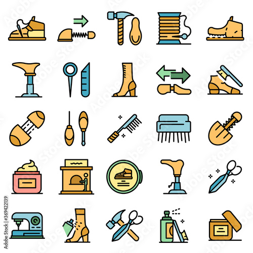 Shoe repair icons set. Outline set of shoe repair vector icons thin line color flat on white