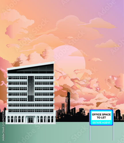 Vacant modern office block building reflecting the global economic recession with generic silhouetted city skyline set against a dawn sky