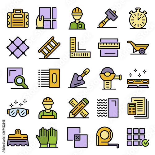 Tiler icons set. Outline set of tiler vector icons thin line color flat on white