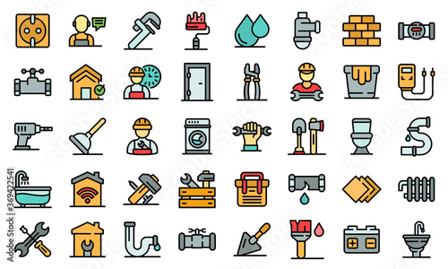 Repairman icons set. Outline set of repairman vector icons thin line color flat on white