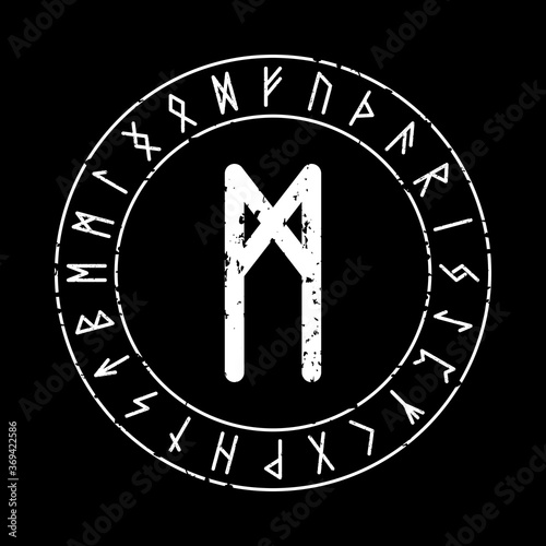 BLACK SQUARE BACKGROUND WITH RUNE MANNAZ IN A MAGIC CIRCLE