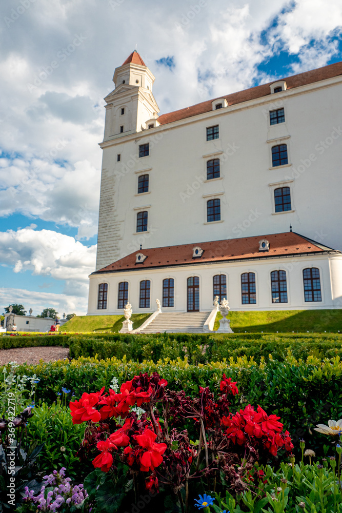 not ordinary view of Bratislava castle from behind back yard part of castle garden