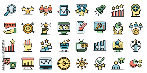 Reputation icons set. Outline set of reputation vector icons thin line color flat on white