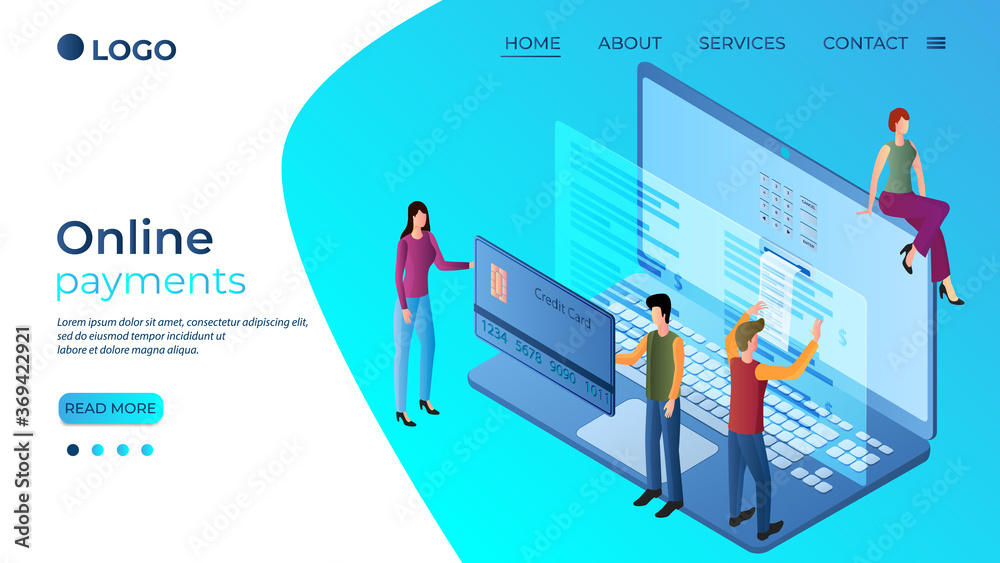 Online payments.The concept of secure money transfers on the Internet.People on the background of a laptop and a credit card.Landing page template.Isometric vector illustration.