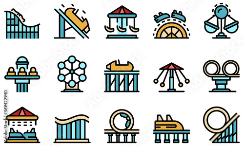 Roller coaster icons set. Outline set of roller coaster vector icons thin line color flat on white