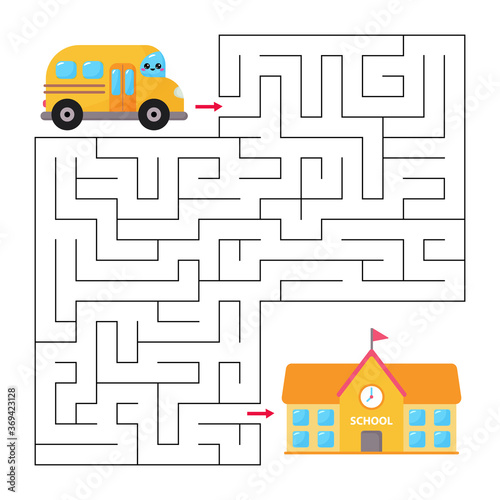 Educational maze game for children. Help the bus find to right way to school. Vector kawaii character. Back to school.