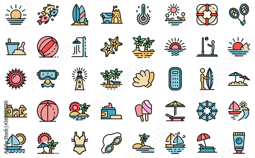 Beach landscape icons set. Outline set of beach landscape vector icons thin line color flat on white