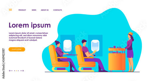 Air trip with comfort flat vector illustration. Passengers waiting for airline meal. People travelling by plane and sitting near airplane window. Airline, tourism and journey concept.