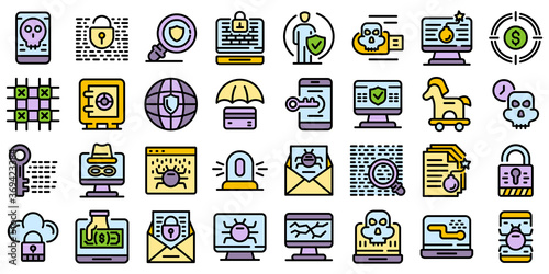Fraud icons set. Outline set of fraud vector icons thin line color flat on white