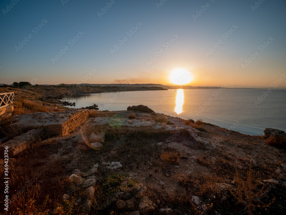 archaeological park of Capo Colonna at sunset on the Ionian Sea. Capo Rizzuto, Crotone, Calabria, Italy.
