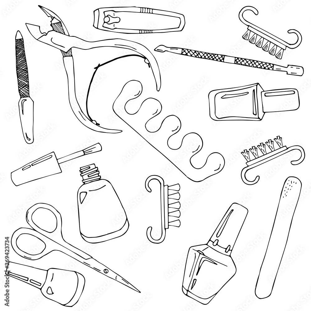 Manicure set. outline drawing. forceps, scissors, nail file, varnish,  paintbrush, nail file, nail brush, pusher, nippers Stock Vector | Adobe  Stock