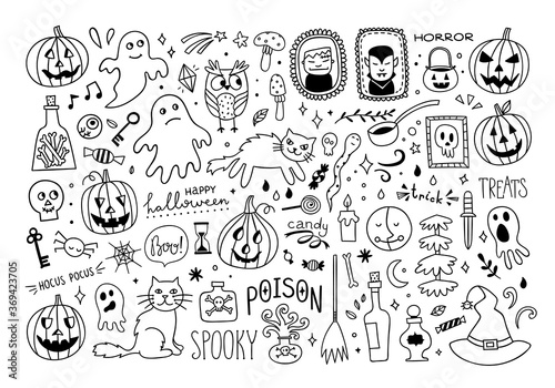 Halloween doodle set. Cute Halloween vector collection. Hand drawn illustration for All Saints' Day: pumpkin, ghost, magic objects, cat, witch hat