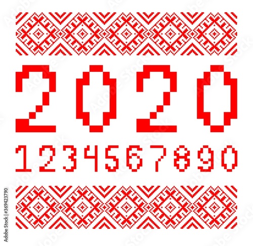 Belorussian traditional ornament. Slavic embroidery with red threads. The numbers for embroidery crosses and design in the Slavic style.