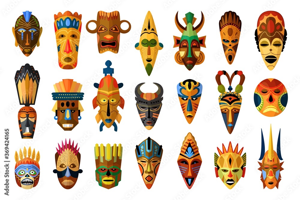 African mask. Vector African facial masque. Masking ethnic culture in Africa  illustration. Tribal African mask set isolated on white background.  Traditional ritual or ceremonial masked muzzle totem Stock Vector | Adobe  Stock