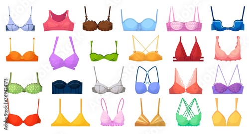 Fashion bra. Bustier different type illustration. Vector woman fabric lingerie. Fashion textile bra icon set isolated on white background. Female underwear clothing collection. Casual feminine garment
