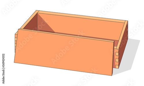 Wooden box for vegetables keeping and fruits vector illustration isolated on white background. Box package from plywood, wooden empty rectangular storage with cover from boards, open packaging crate