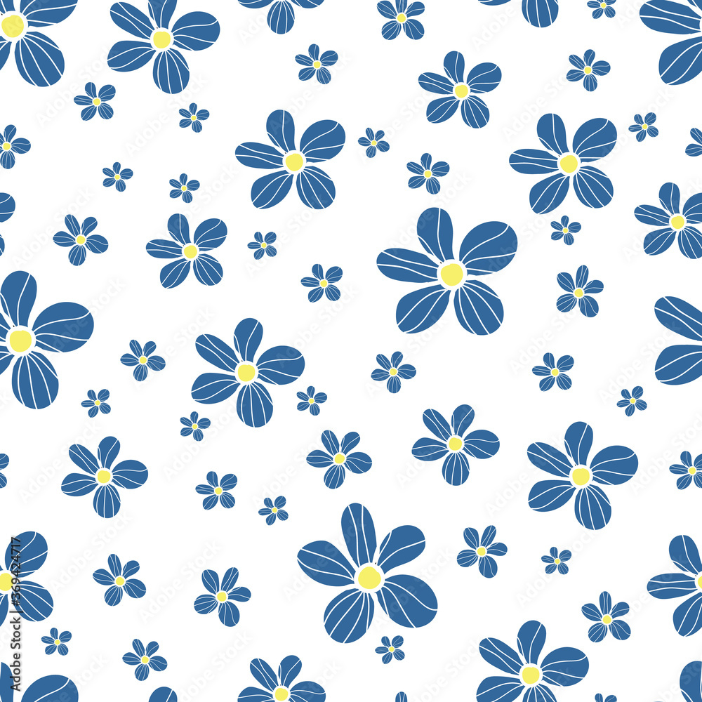 Fototapeta premium Blue-white daisy flower seamless pattern background