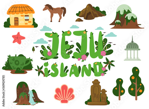 Poster with Jeju island in South Korea. Traditional landmarks, symbols. Popular place for visiting tourists. Thatched houses, horse sport, citrus trees, mountains, waterfall, Dolharubang statue