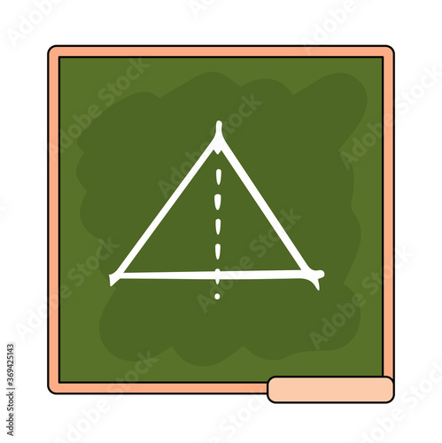 Cartoon green school board with sliced with dotted line triangle. Study at school or college. Geometry lesson. Square chalkboard icon. Vector illustration of schoolboard with wooden frame and pedestal