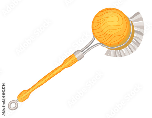 Vector icon of wooden dish brush with long handle isolated at white background. Instrument or equipment for kitchen. Housecleaning tool for washing dish of food residues. Eco friendly concept