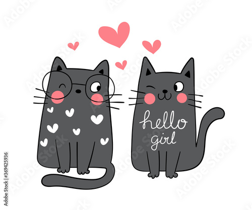 Draw couple love of black cat in live.For Valentine day.