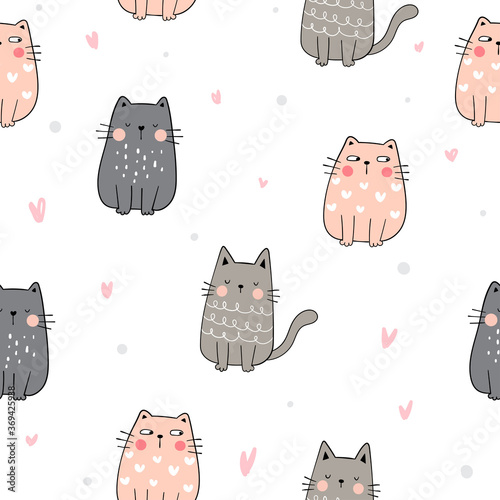 Draw seamless pattern cute cat on white.