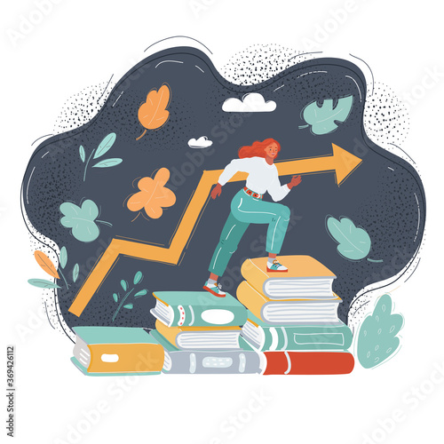 Vector illustration of picture of smiling woman student go on stack of books