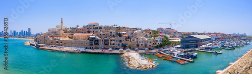 Aerial view of Jaffa old city port with marina coastline and general view of both Jaffa and Tel Aviv.
